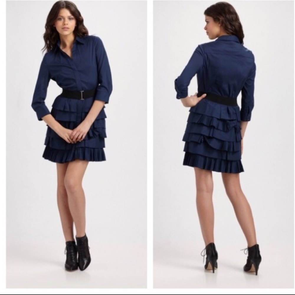 BCBGMAXAZRIA Blue Ruffle Button down shirt Dress.